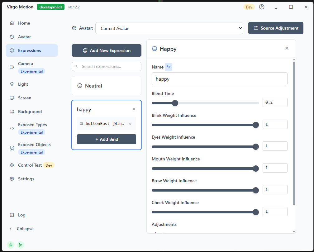 Expression keybind settings screen